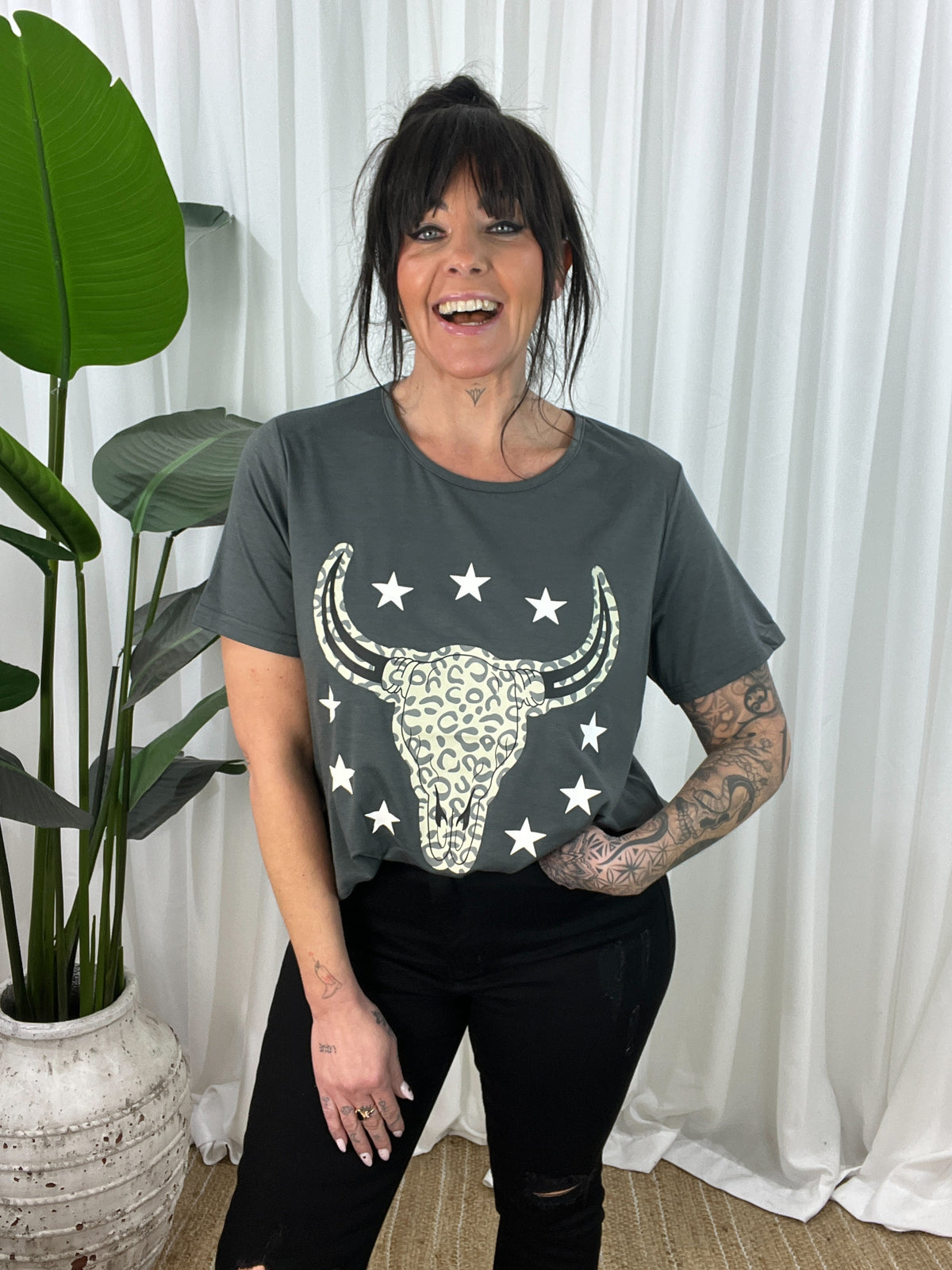 Jordy Leopard Steer Tee- Steel