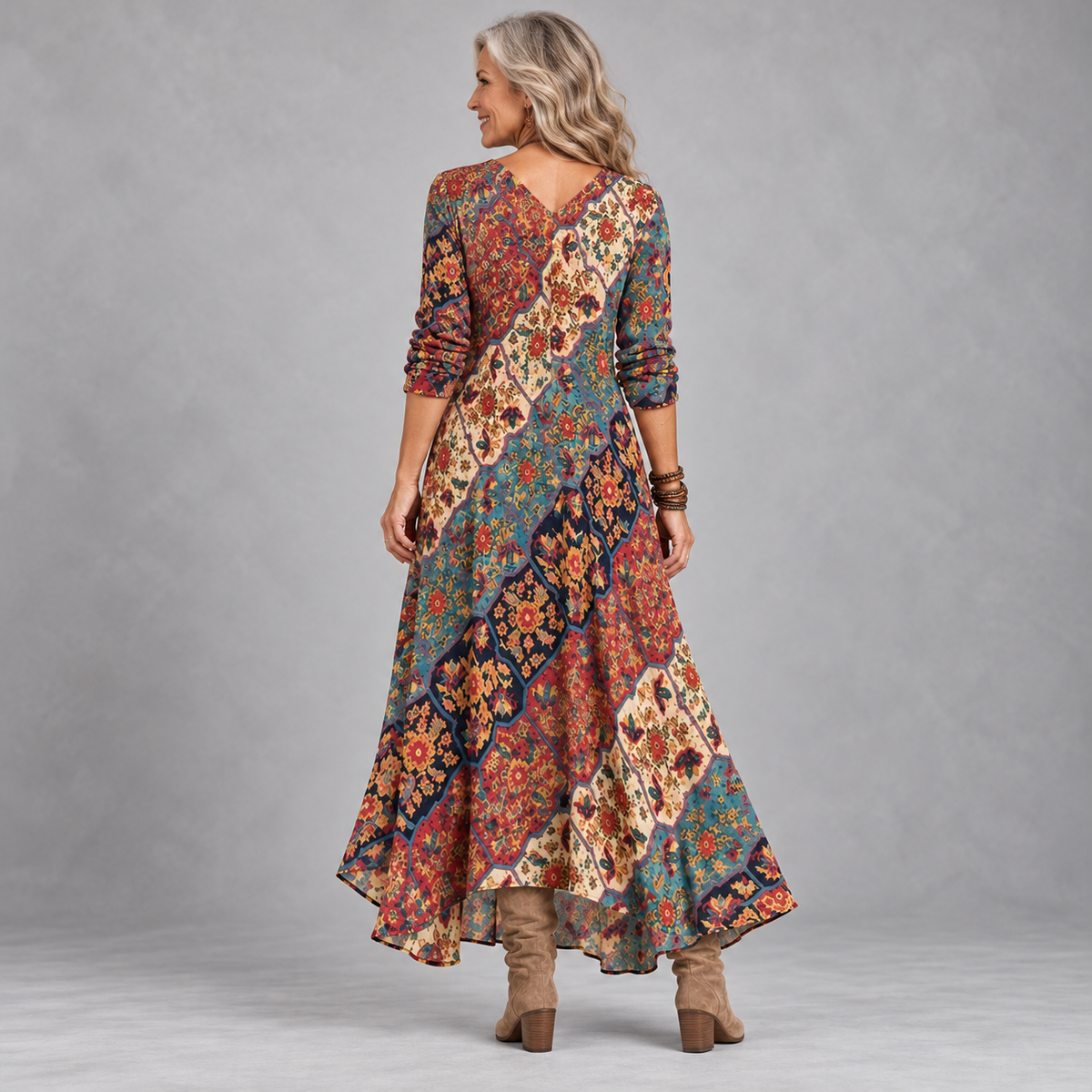 Lydia | Patchwork Print Long-Sleeve Maxi Dress