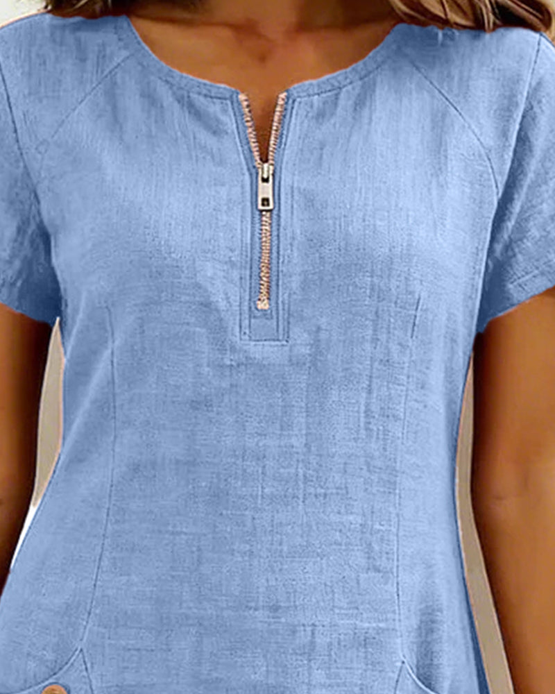 Pippa | Women's Linen Short Sleeve Zip Neck A-Line Mini Dress