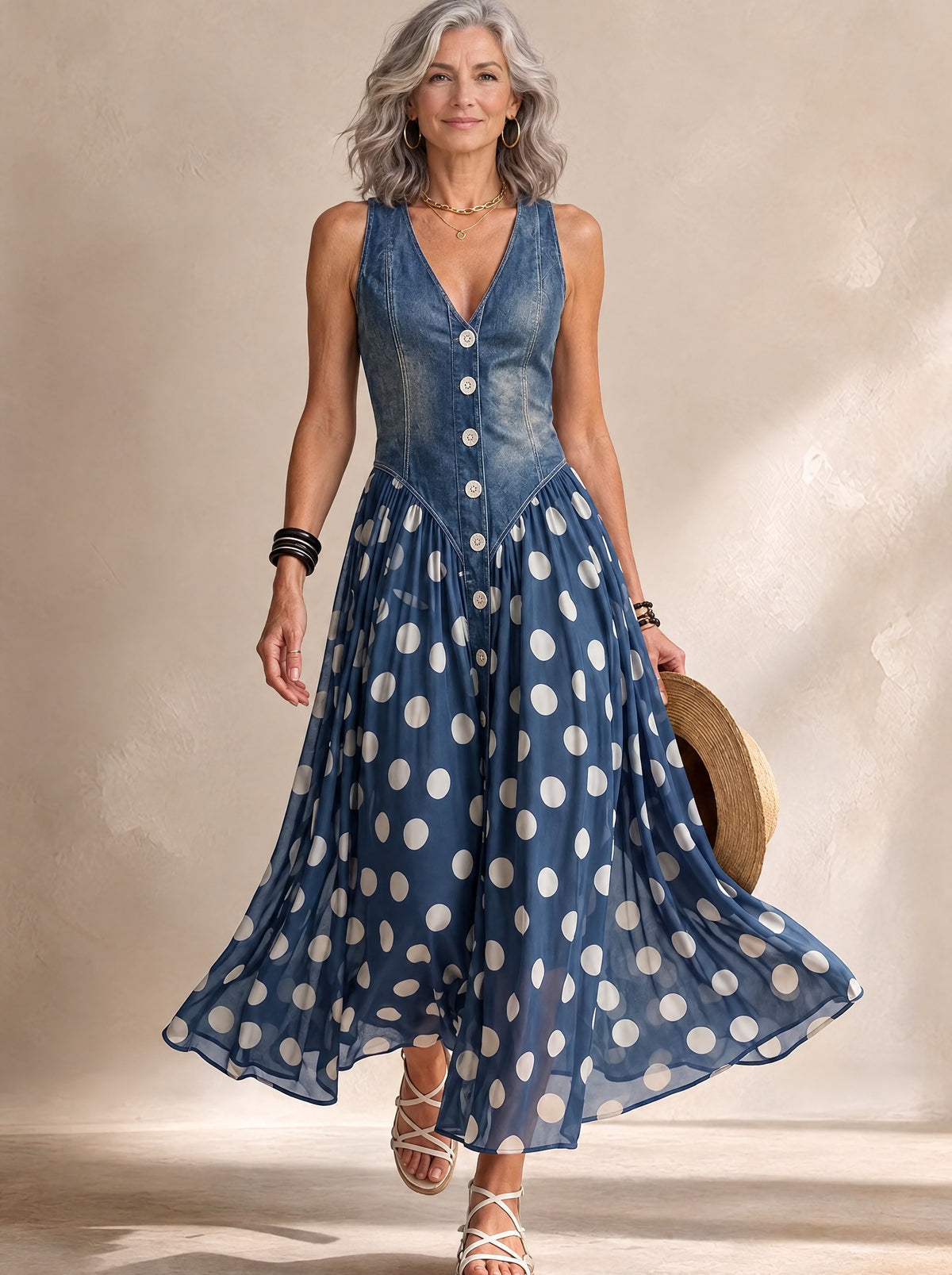 Bianca™ - Midi Chiffon Dress with Polka-Dot Pattern