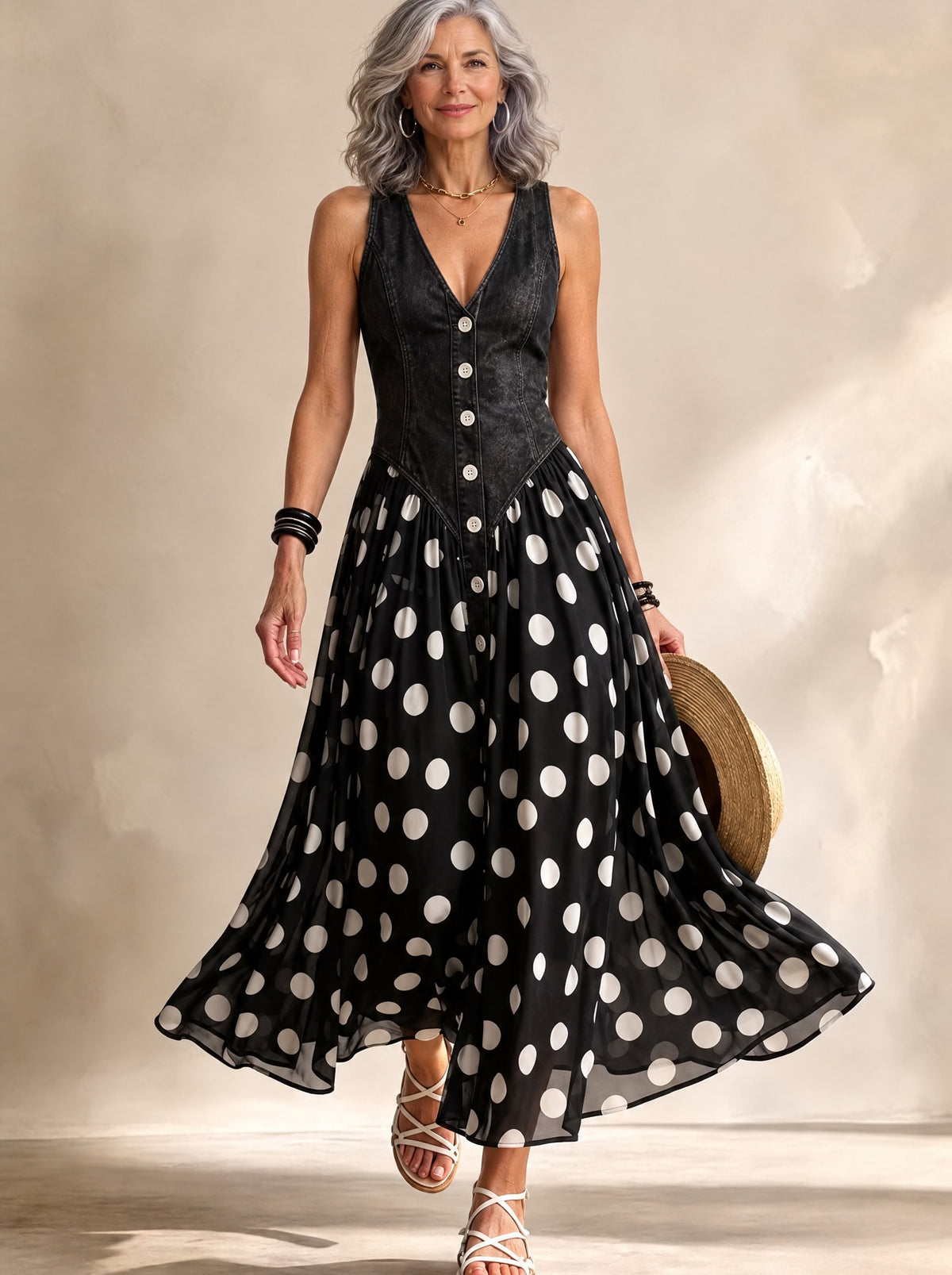 Bianca™ - Midi Chiffon Dress with Polka-Dot Pattern