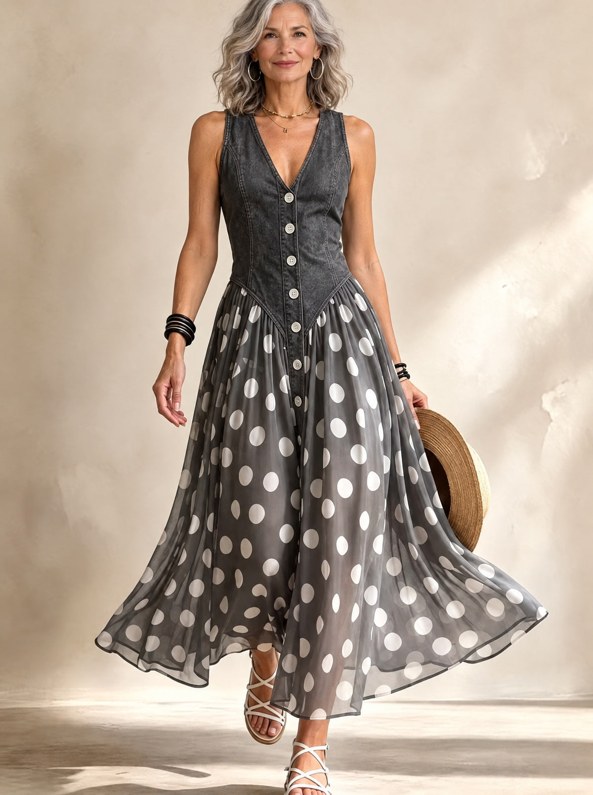 Bianca™ - Midi Chiffon Dress with Polka-Dot Pattern
