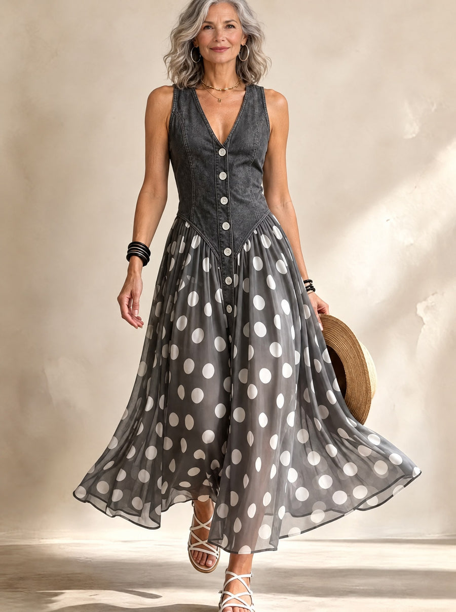 Bianca™ - Midi Chiffon Dress with Polka-Dot Pattern