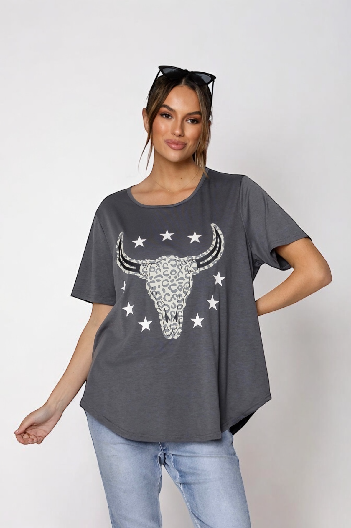 Jordy Leopard Steer Tee- Steel