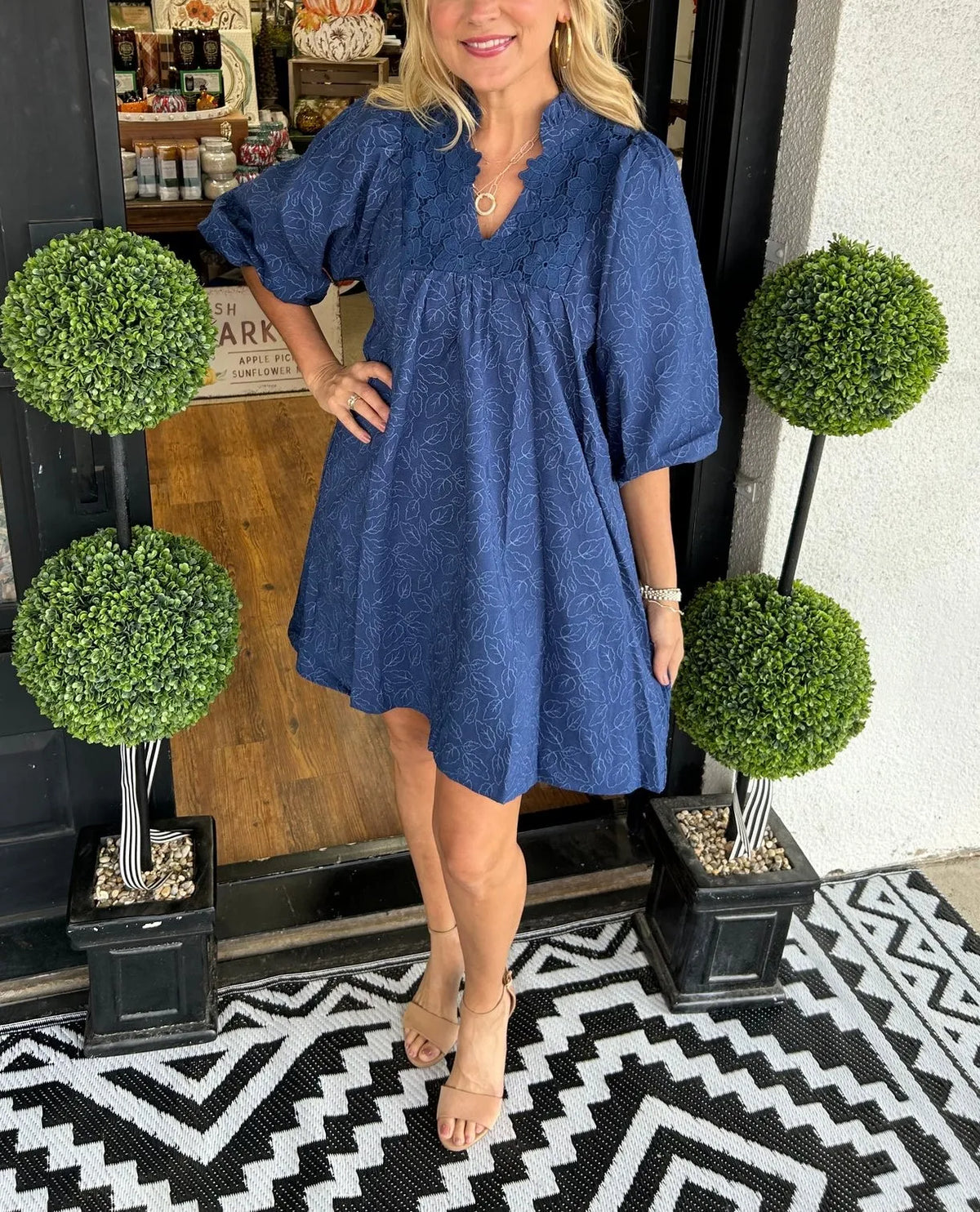 Tesia | Women's Jacquard Mini Dress V-Neck Puff Sleeve Occasion Dress