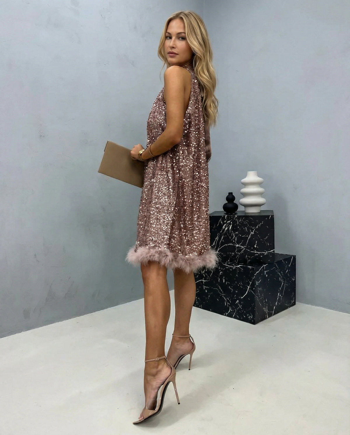 Pearl | Sequin Halter Mini Dress With Feather Hem