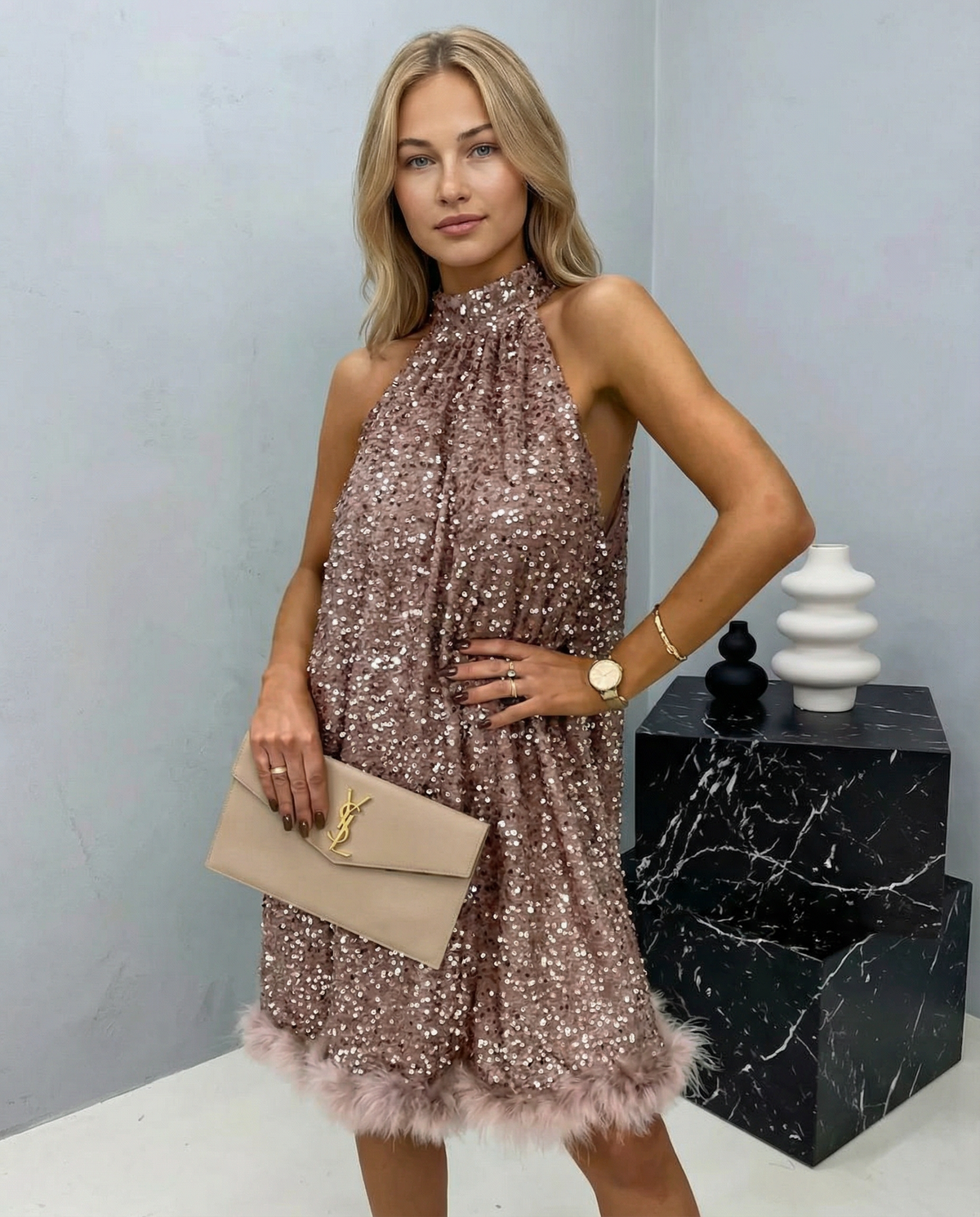Pearl | Sequin Halter Mini Dress With Feather Hem