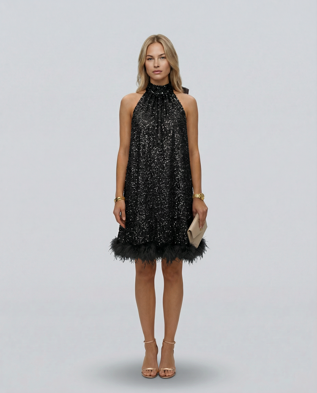 Pearl | Sequin Halter Mini Dress With Feather Hem
