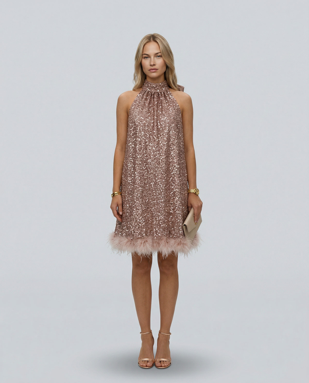 Pearl | Sequin Halter Mini Dress With Feather Hem