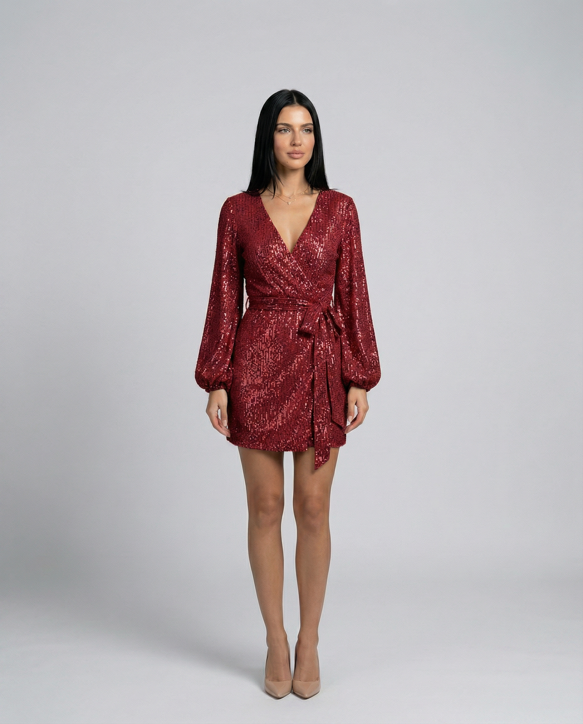 Trina | Sequin Wrap Mini Dress With Long Sleeves