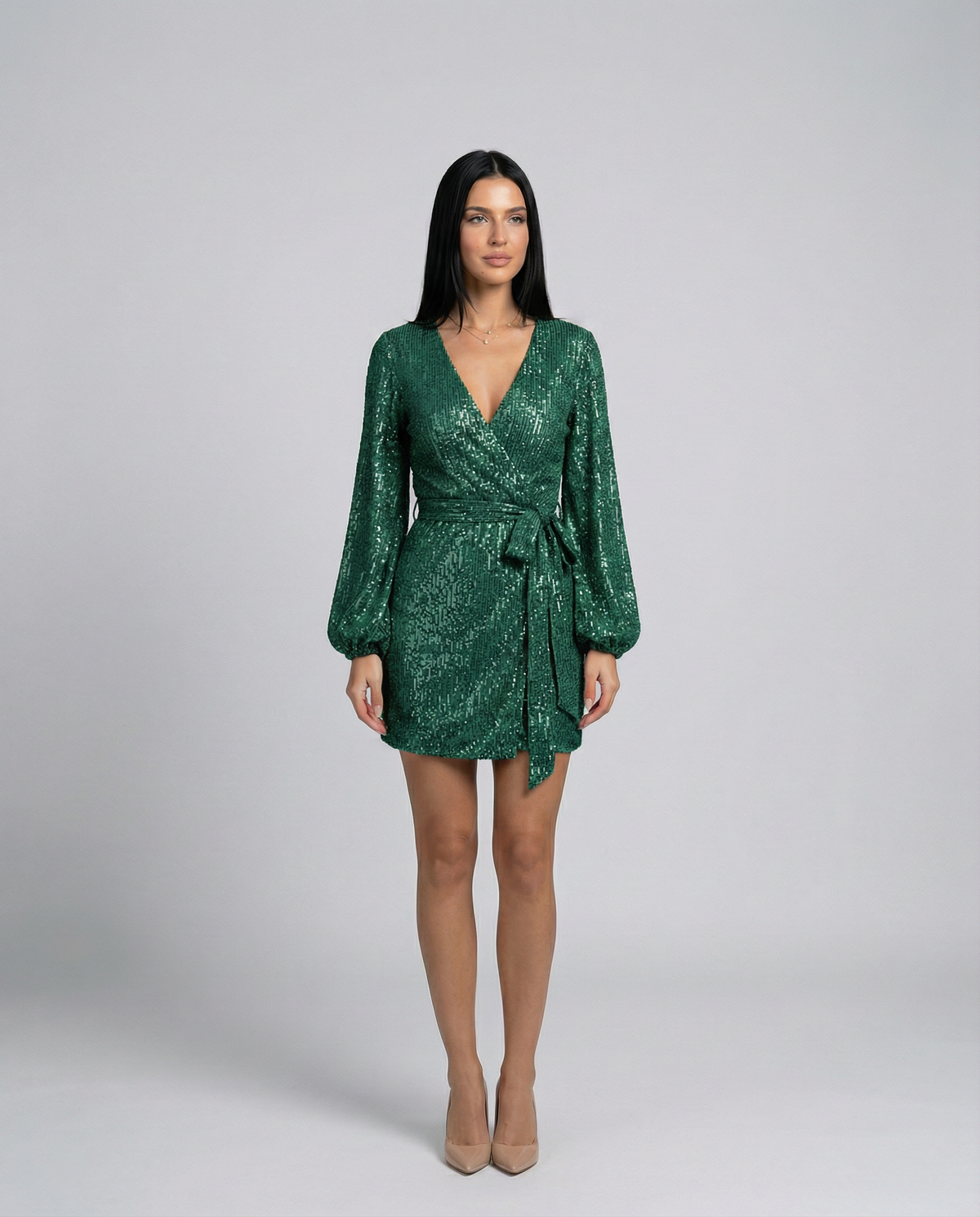Trina | Sequin Wrap Mini Dress With Long Sleeves