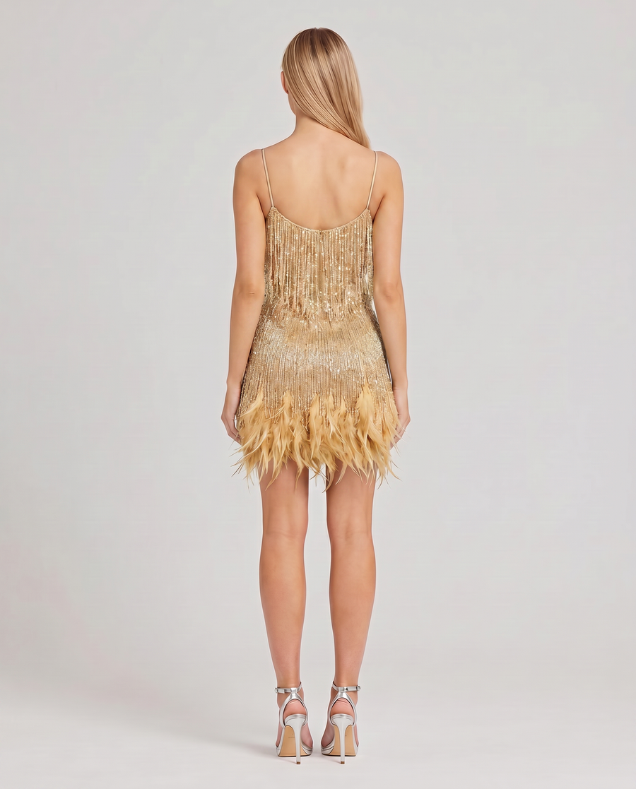 Marla | Mini Dress With Sequin Fringe And Feather Hem
