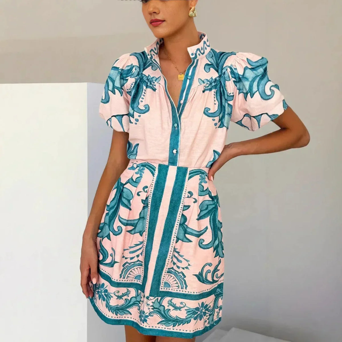 Aria | Women's Floral Print Puff Sleeve Mini Dress V-Neck