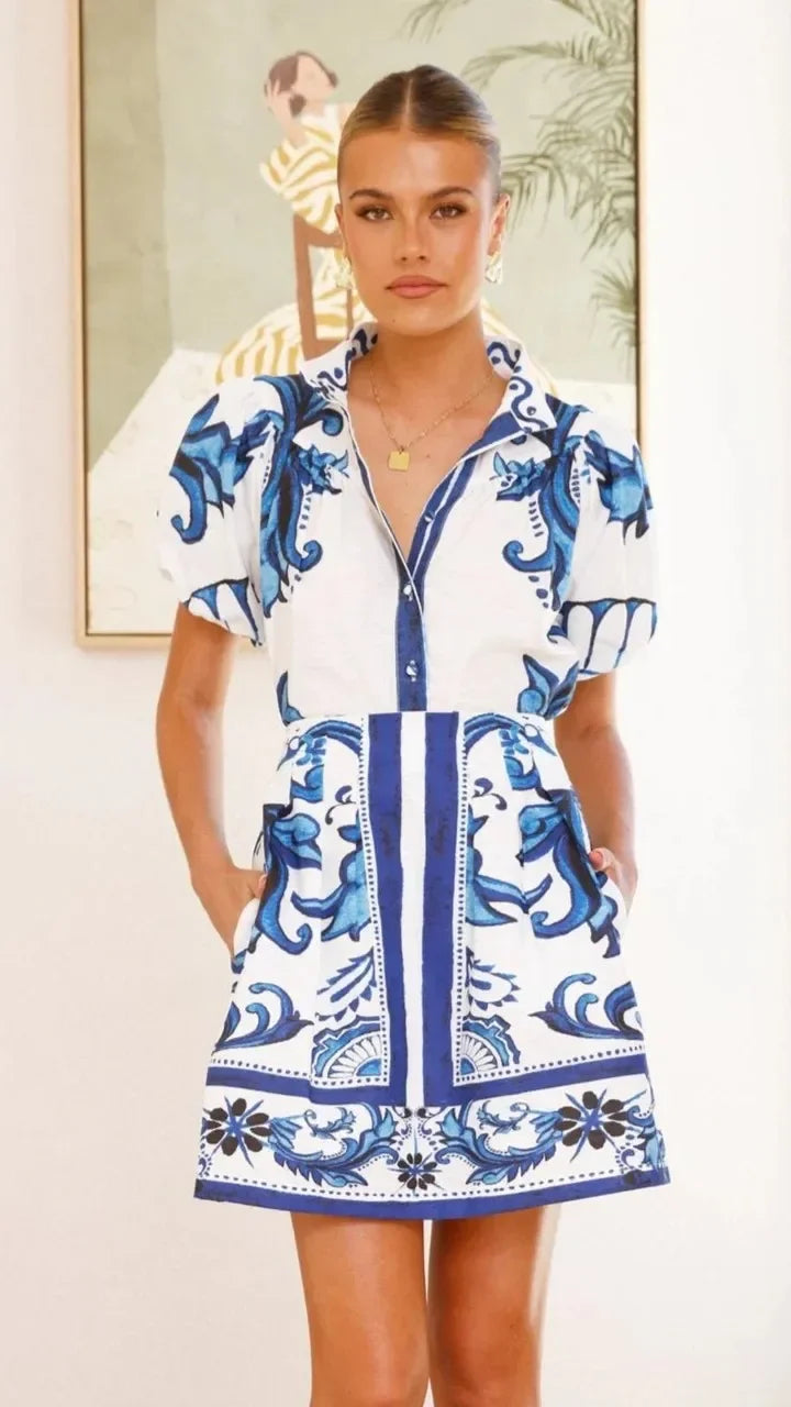 Aria | Women's Floral Print Puff Sleeve Mini Dress V-Neck