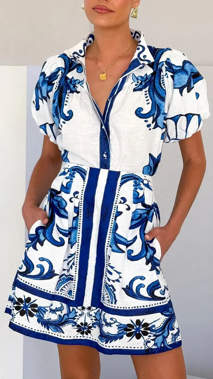Aria | Women's Floral Print Puff Sleeve Mini Dress V-Neck