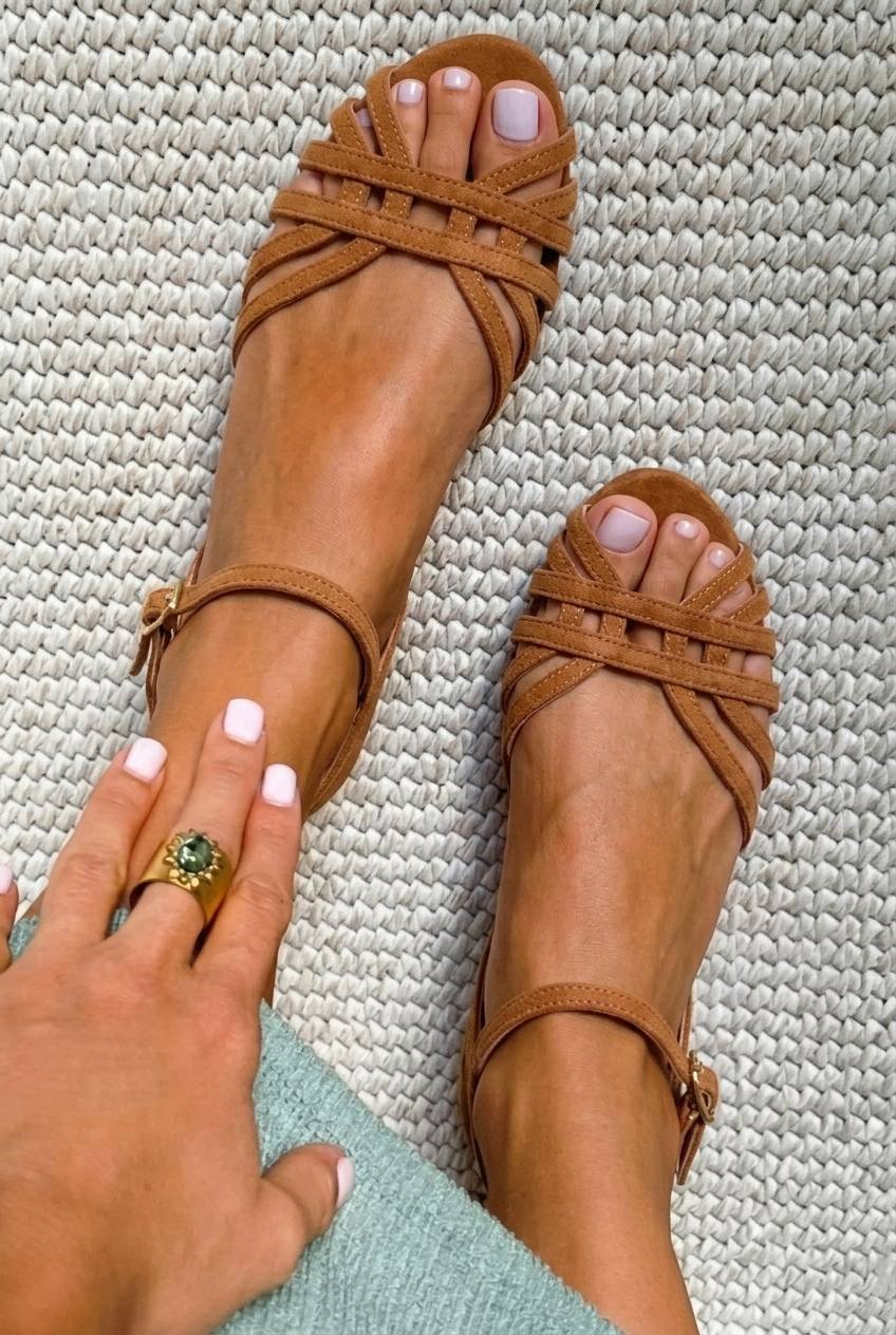 Vintage Tan Suede Multi Strap Ankle Buckle Flat Sandals