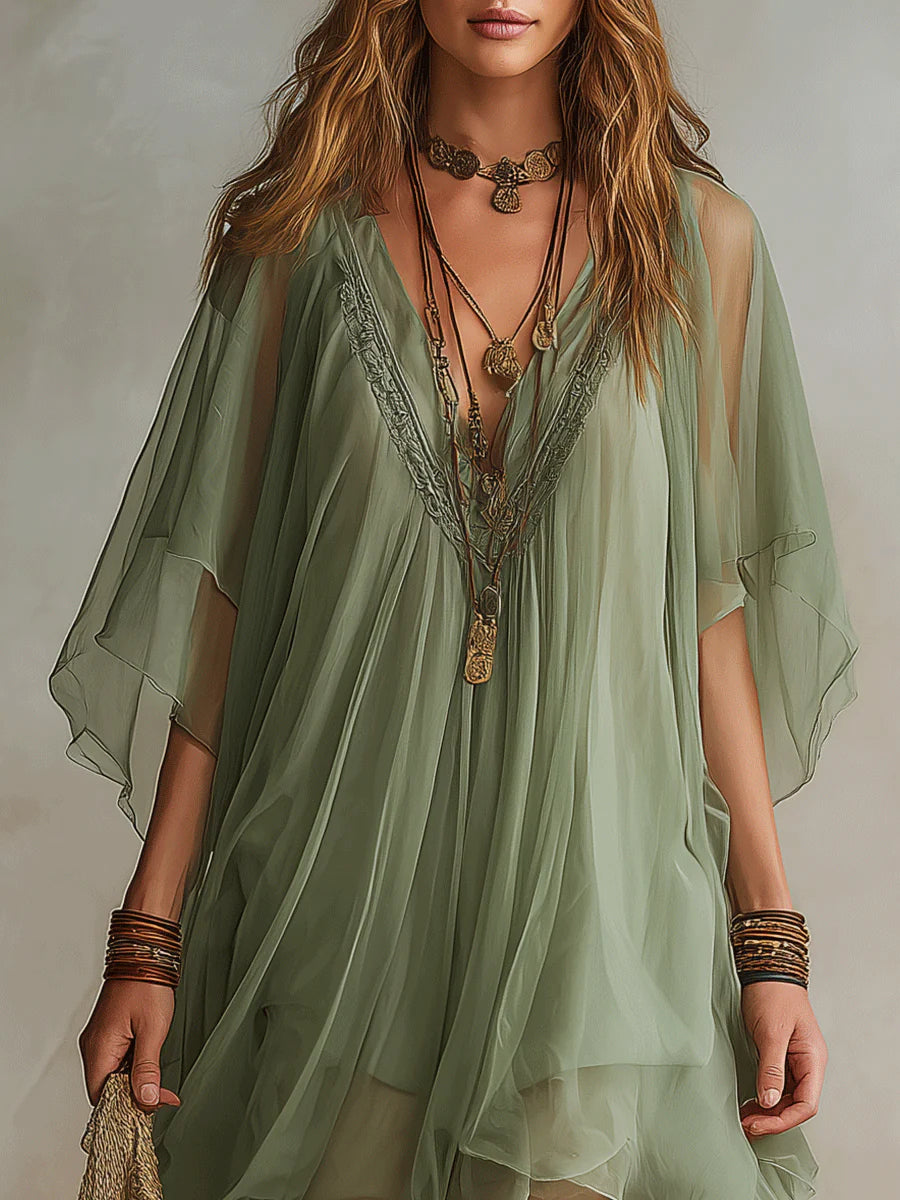 Layered fluid mini dress with V-neck in green