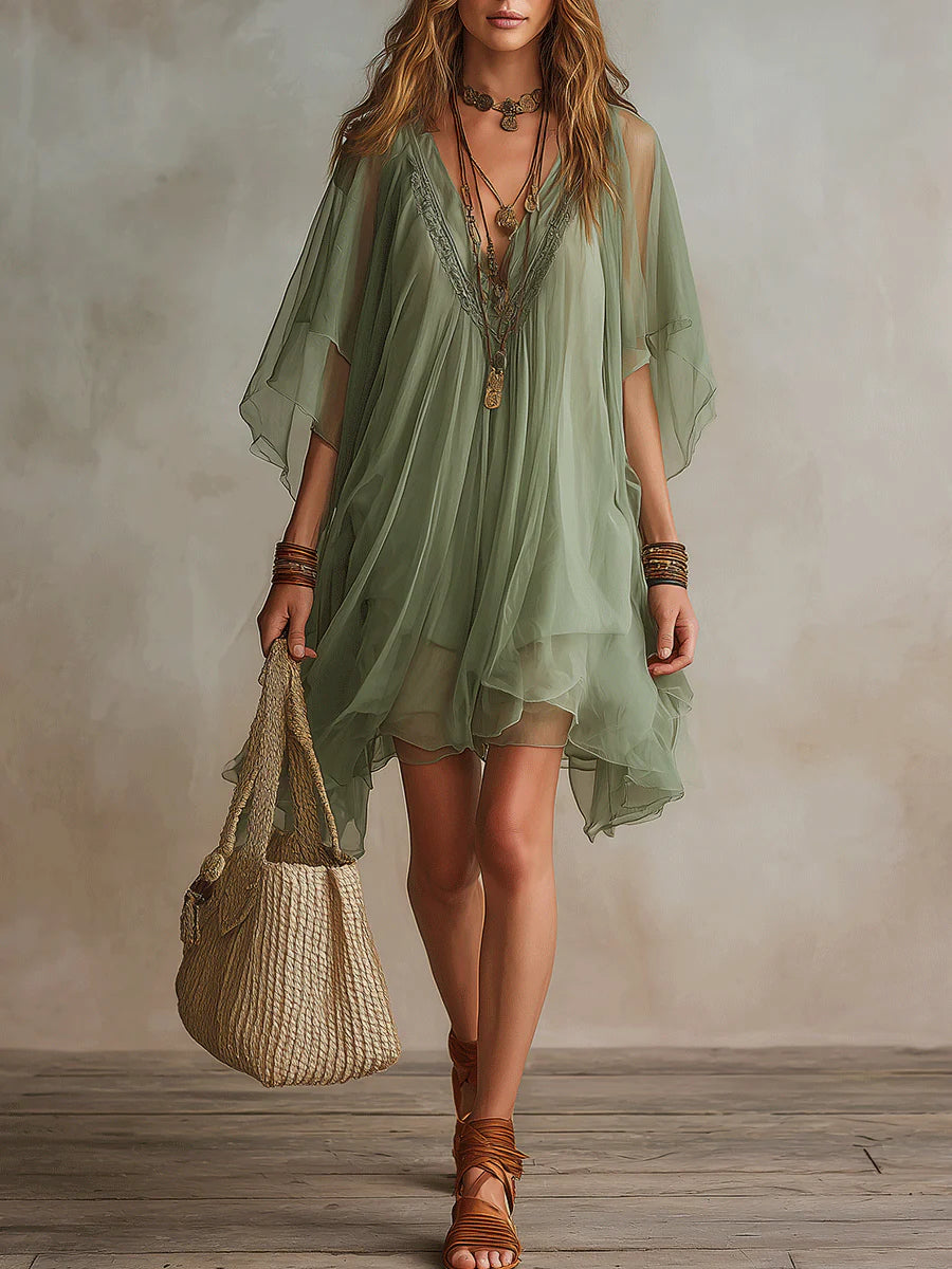 Layered fluid mini dress with V-neck in green