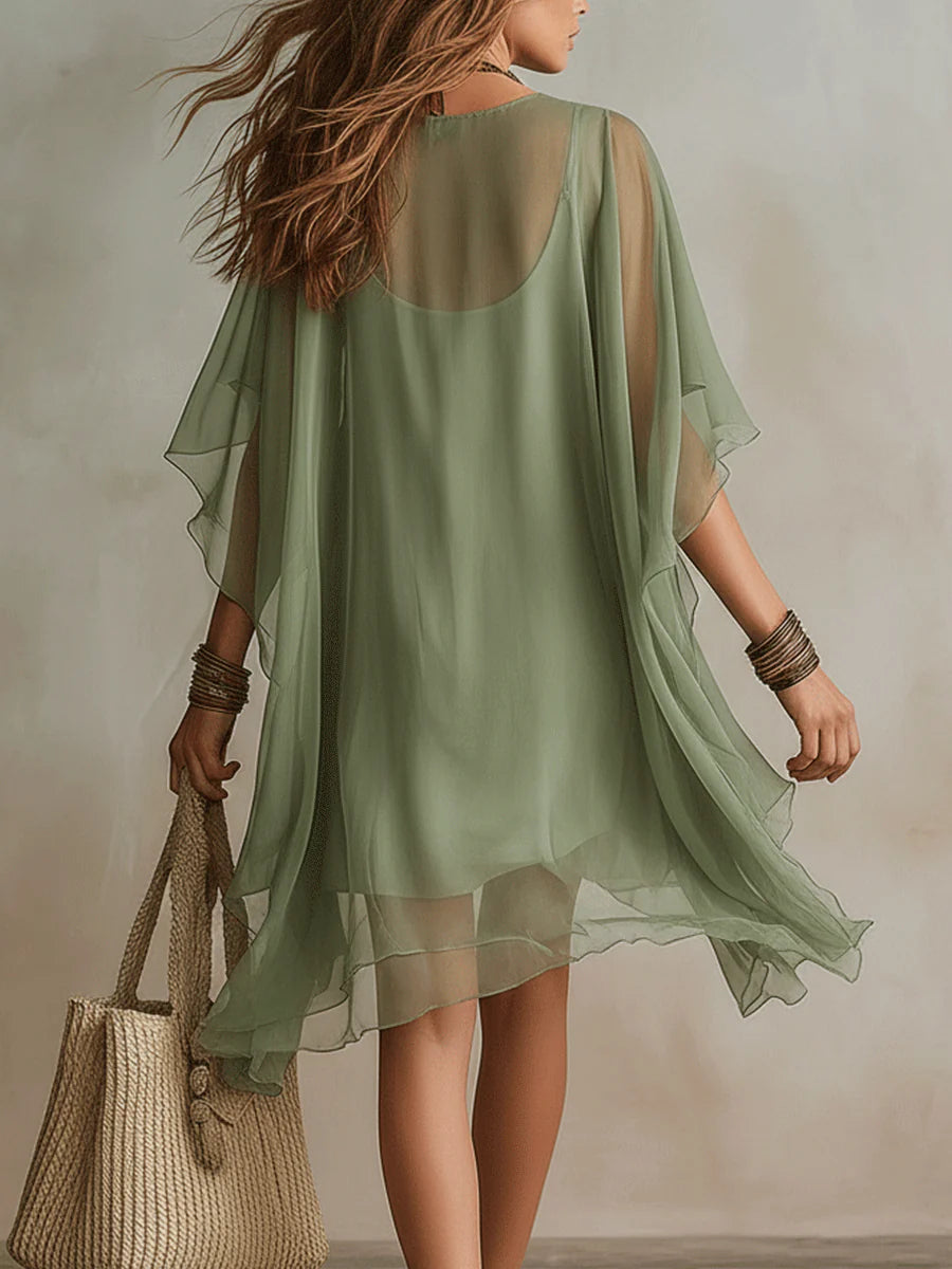 Layered fluid mini dress with V-neck in green