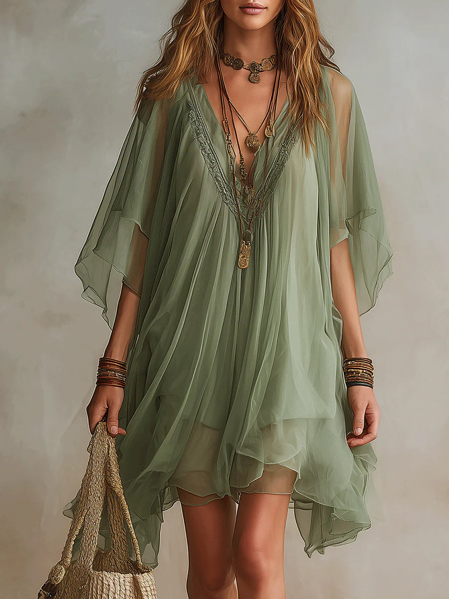 Layered fluid mini dress with V-neck in green