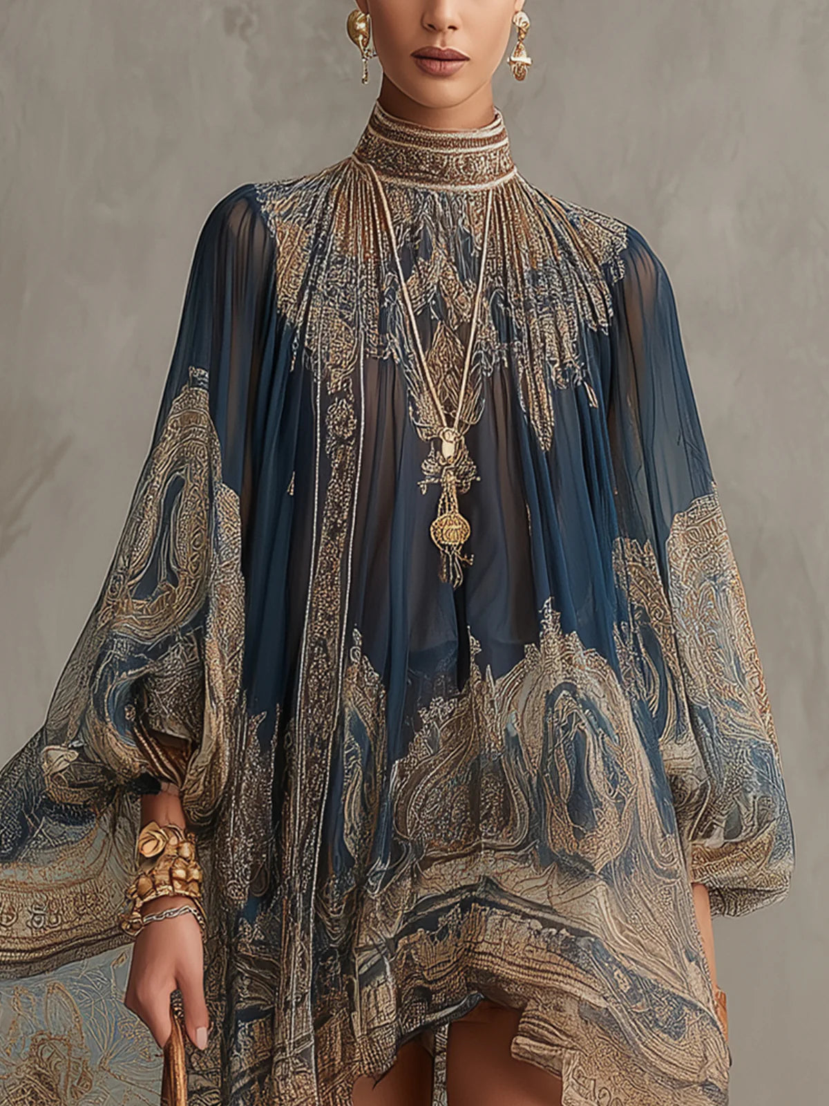 Irregular Mini Dress with Navy Blue Baroque Print and High Neck