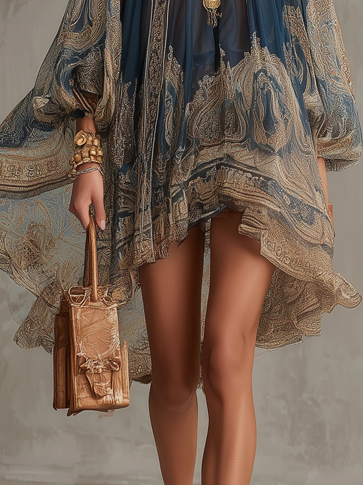 Irregular Mini Dress with Navy Blue Baroque Print and High Neck