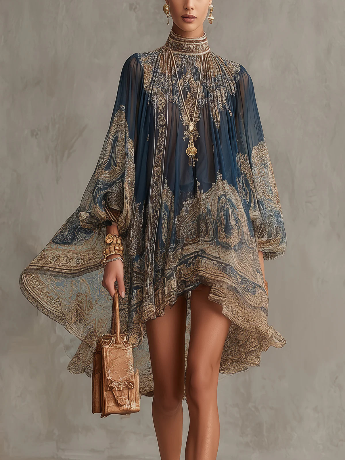 Irregular Mini Dress with Navy Blue Baroque Print and High Neck