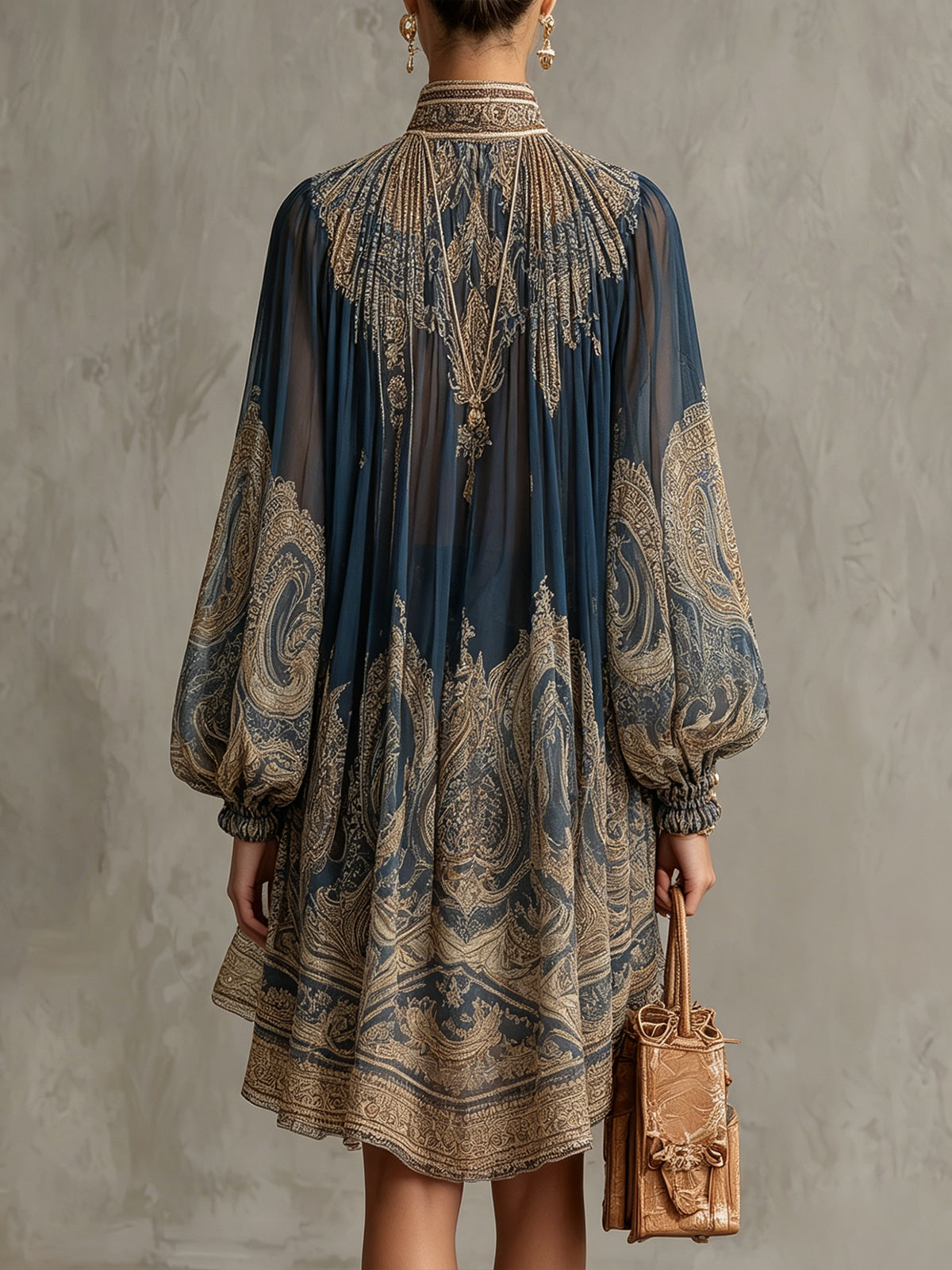 Irregular Mini Dress with Navy Blue Baroque Print and High Neck