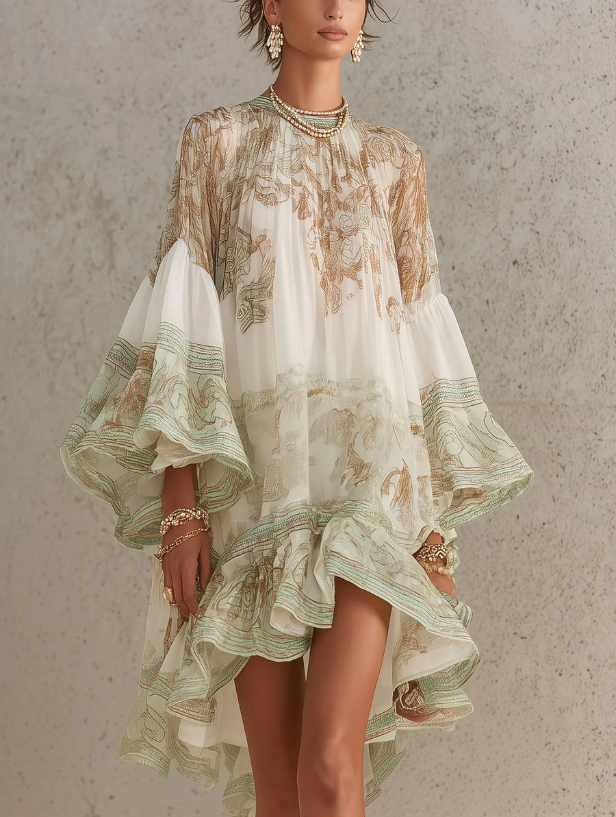 Rosalie | Chiffon Mini Dress with Ruffled Sleeves and Green Striped Hem