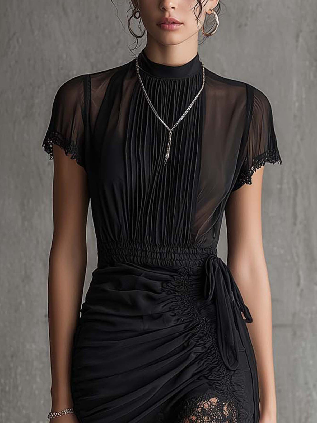 Black Chiffon Pleated Waist Lace-Trimmed Mini Dress