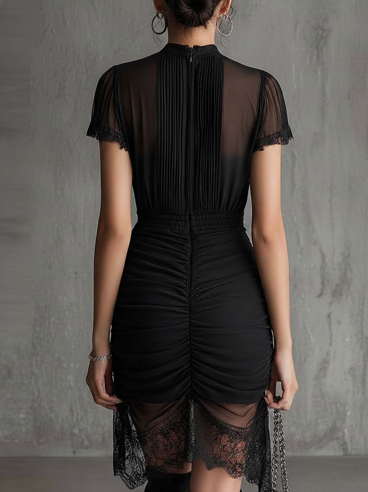 Black Chiffon Pleated Waist Lace-Trimmed Mini Dress