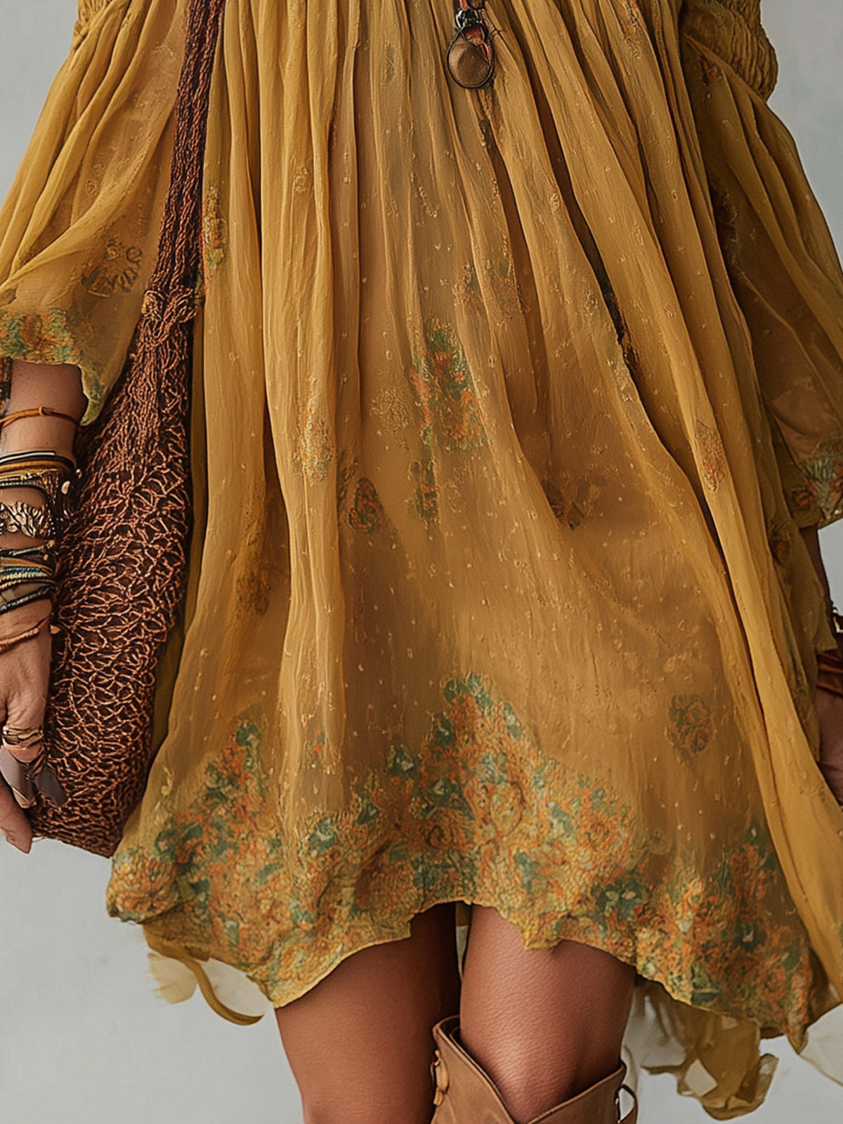 Yellow Mini Dress in Floral Chiffon Off Shoulder