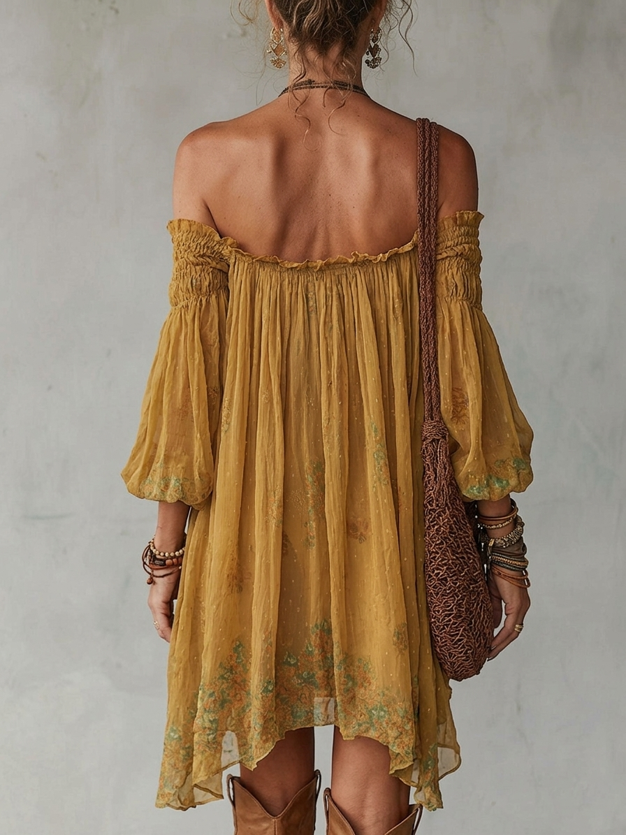 Yellow Mini Dress in Floral Chiffon Off Shoulder