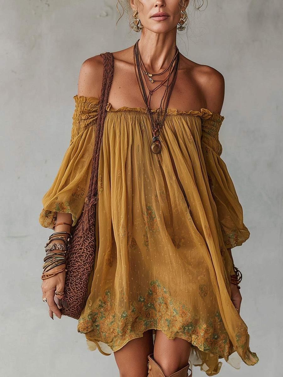Yellow Mini Dress in Floral Chiffon Off Shoulder