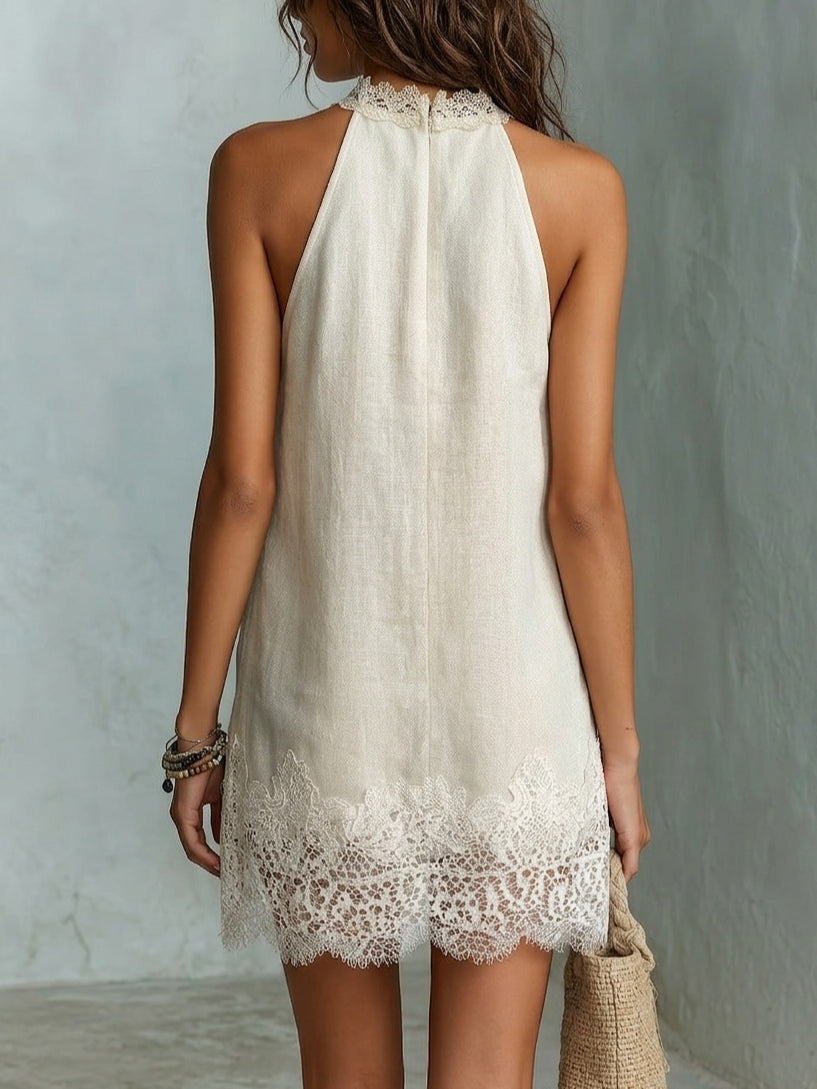 Mini Halter Neck Off-white Chic Dress