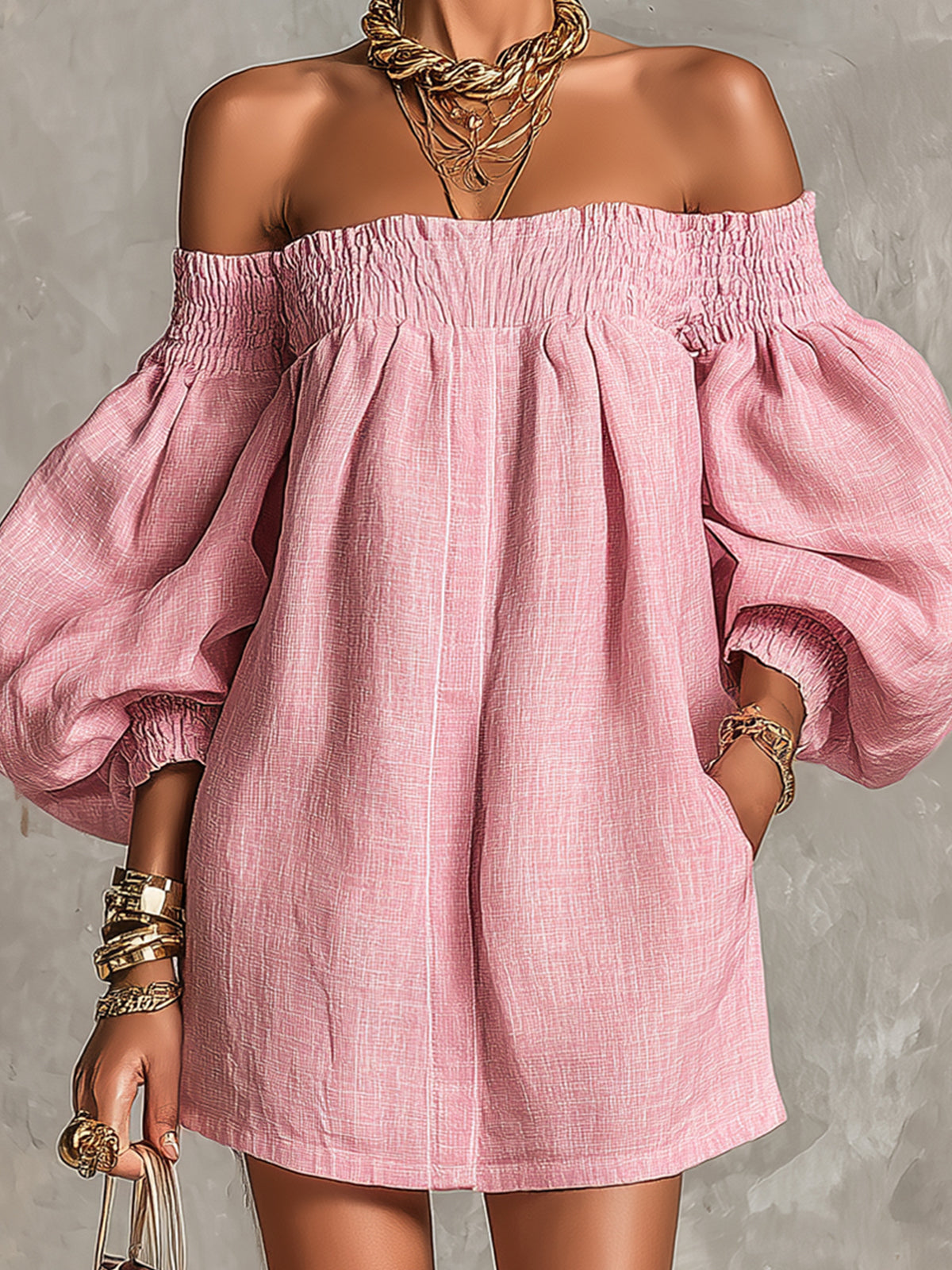 Mini A-Line Loose Dress with Lantern Sleeves and Off-Shoulder Design in Pink