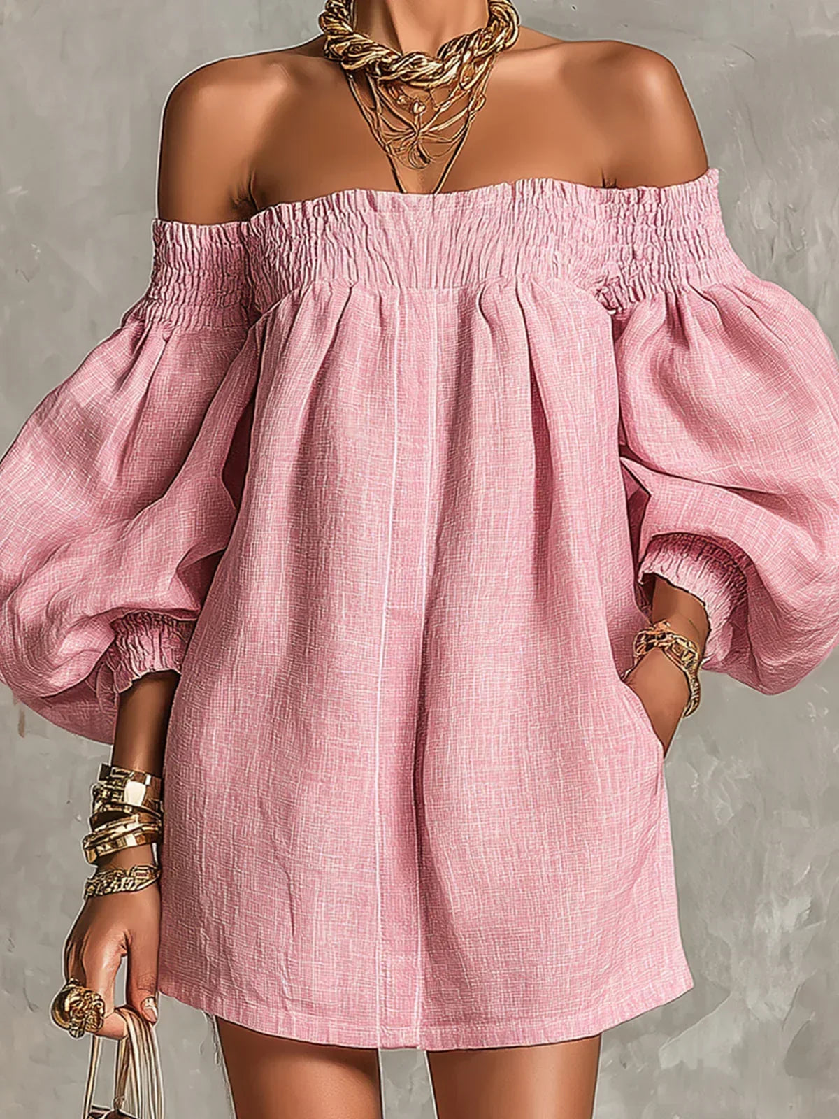 Gisela Mini Dress Pink A-Line with Puff Sleeves and Off-Shoulder Design
