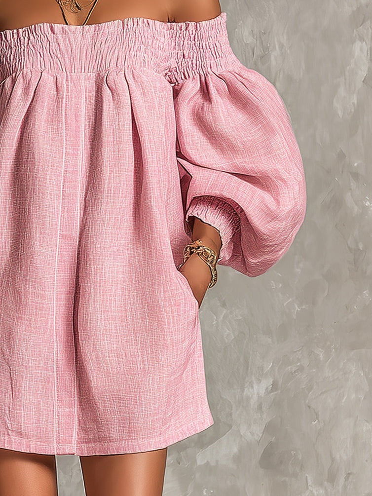 Mini A-Line Loose Dress with Lantern Sleeves and Off-Shoulder Design in Pink