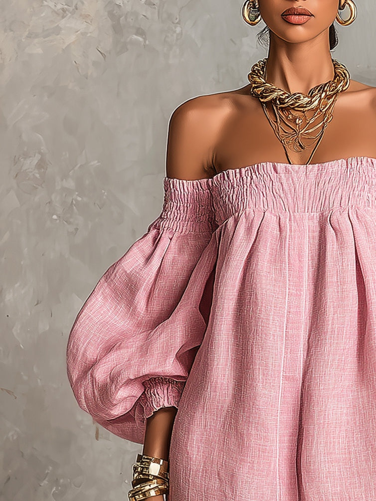 Mini A-Line Loose Dress with Lantern Sleeves and Off-Shoulder Design in Pink
