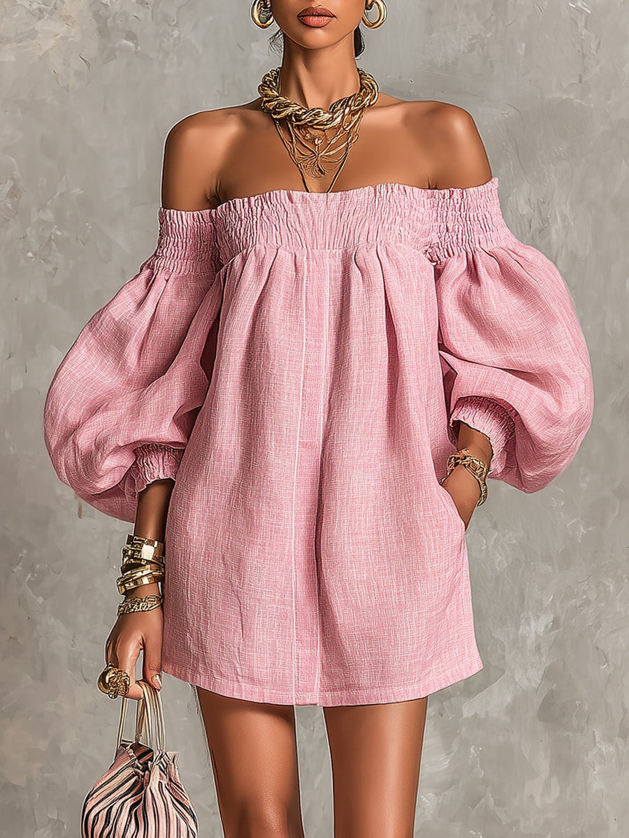 Mini A-Line Loose Dress with Lantern Sleeves and Off-Shoulder Design in Pink
