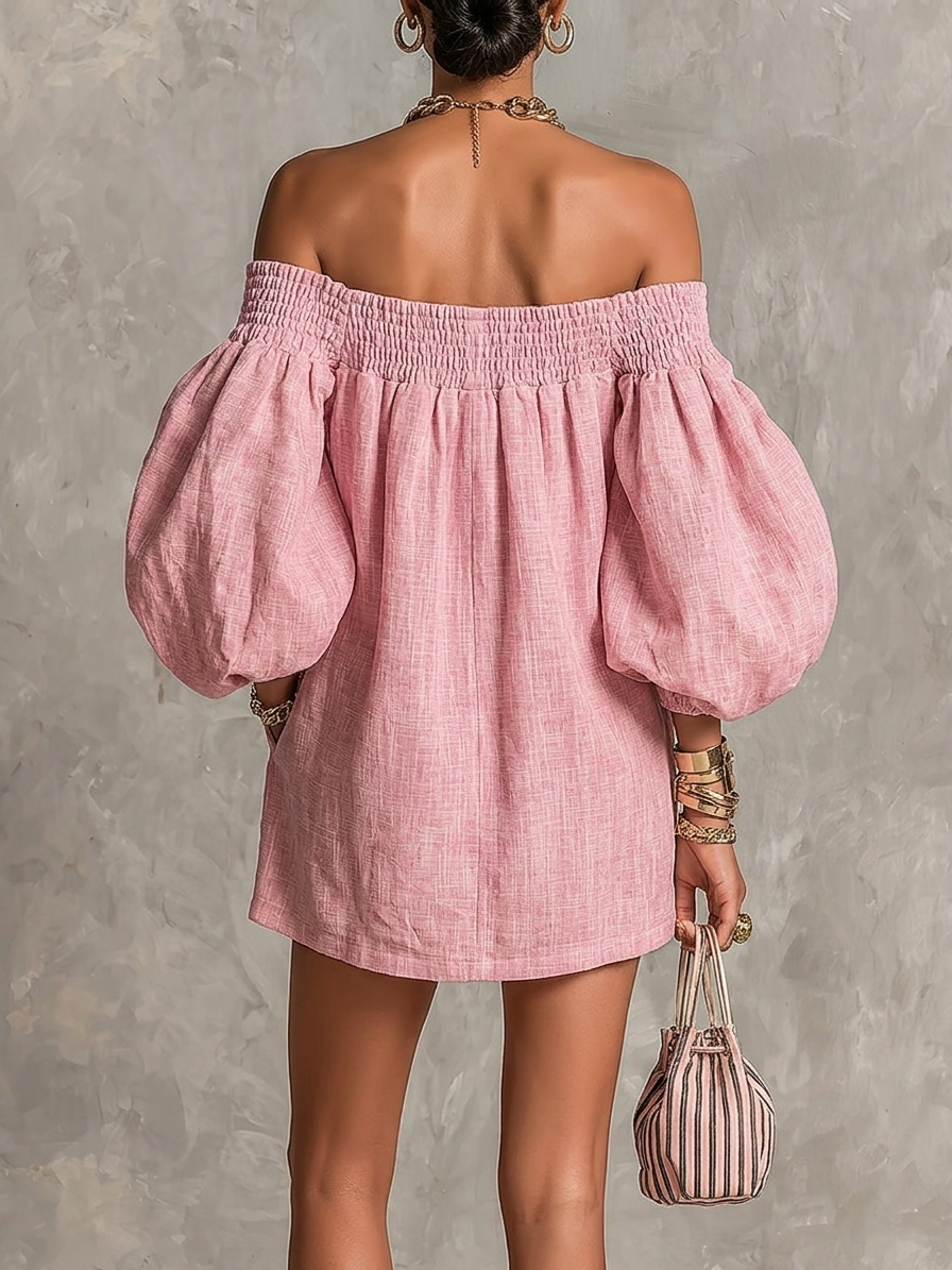 Mini A-Line Loose Dress with Lantern Sleeves and Off-Shoulder Design in Pink