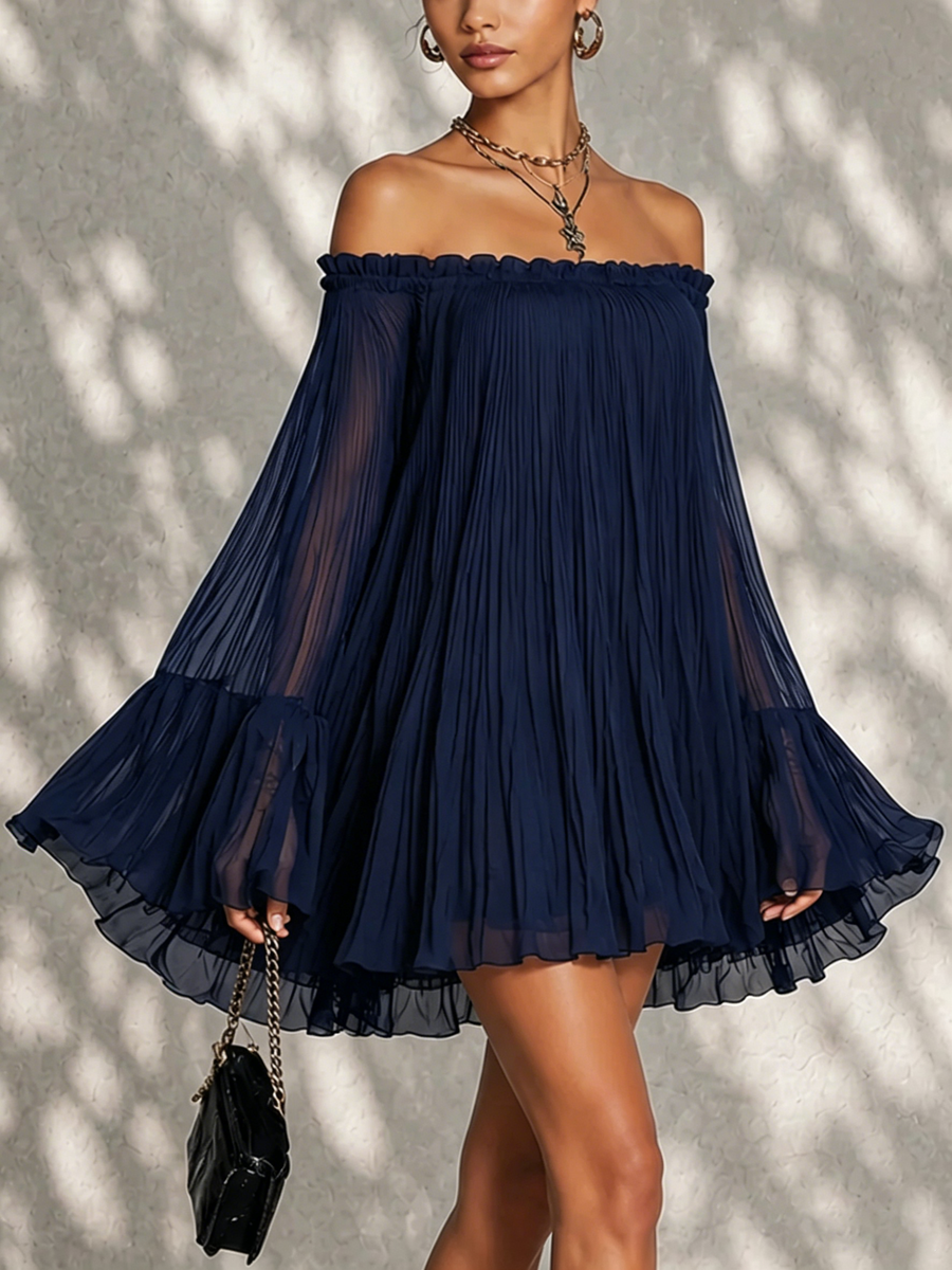 Bell Sleeve Mini Dress with Ruffles and Off-the-Shoulder Design