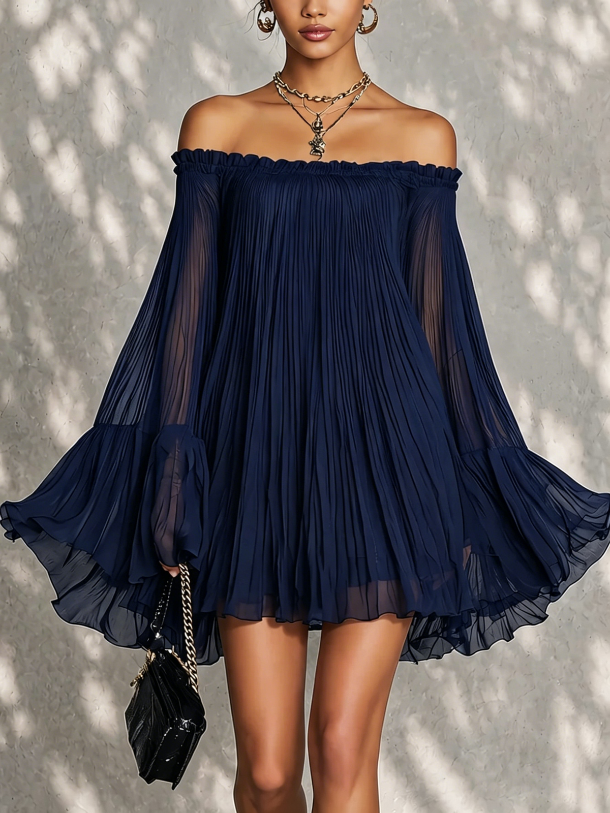 Bell Sleeve Mini Dress with Ruffles and Off-the-Shoulder Design