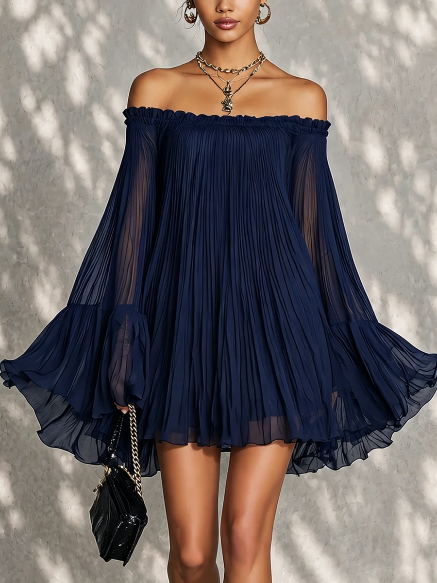 Bell Sleeve Mini Dress with Ruffles and Off-the-Shoulder Design