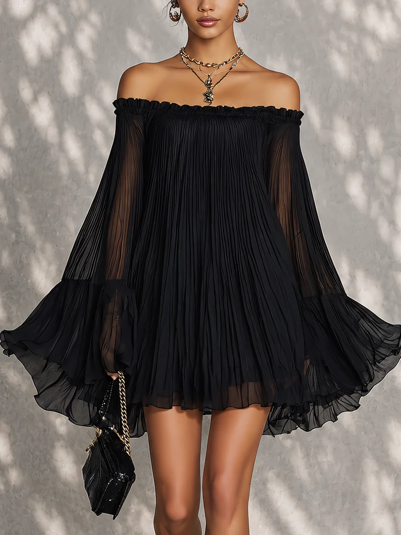 Black Mini Dress with Bell Sleeves and Ruffles