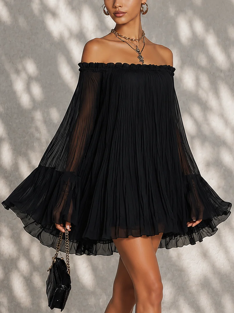 Black Mini Dress with Bell Sleeves and Ruffles