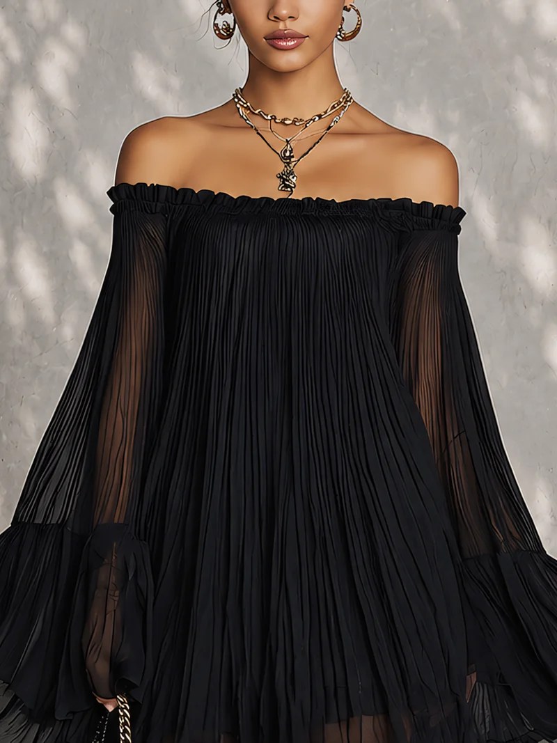 Black Mini Dress with Bell Sleeves and Ruffles