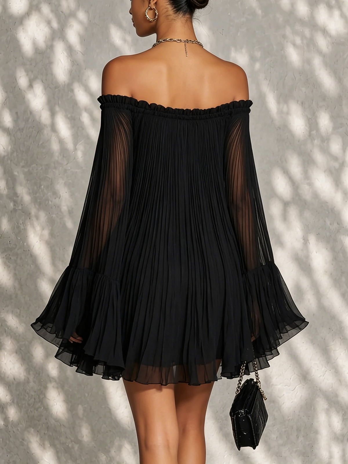 Black Mini Dress with Bell Sleeves and Ruffles