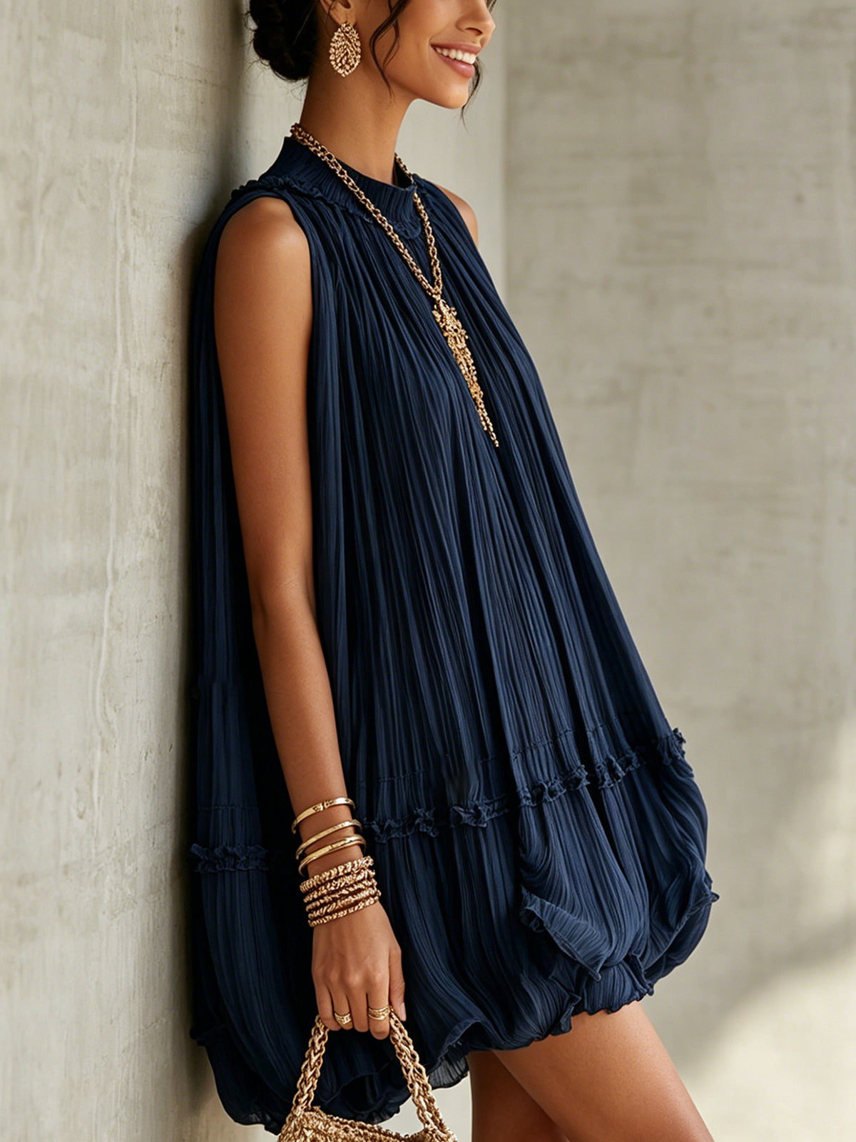 Navy Blue Chiffon Ruffled Mini Dress with Halter Neck