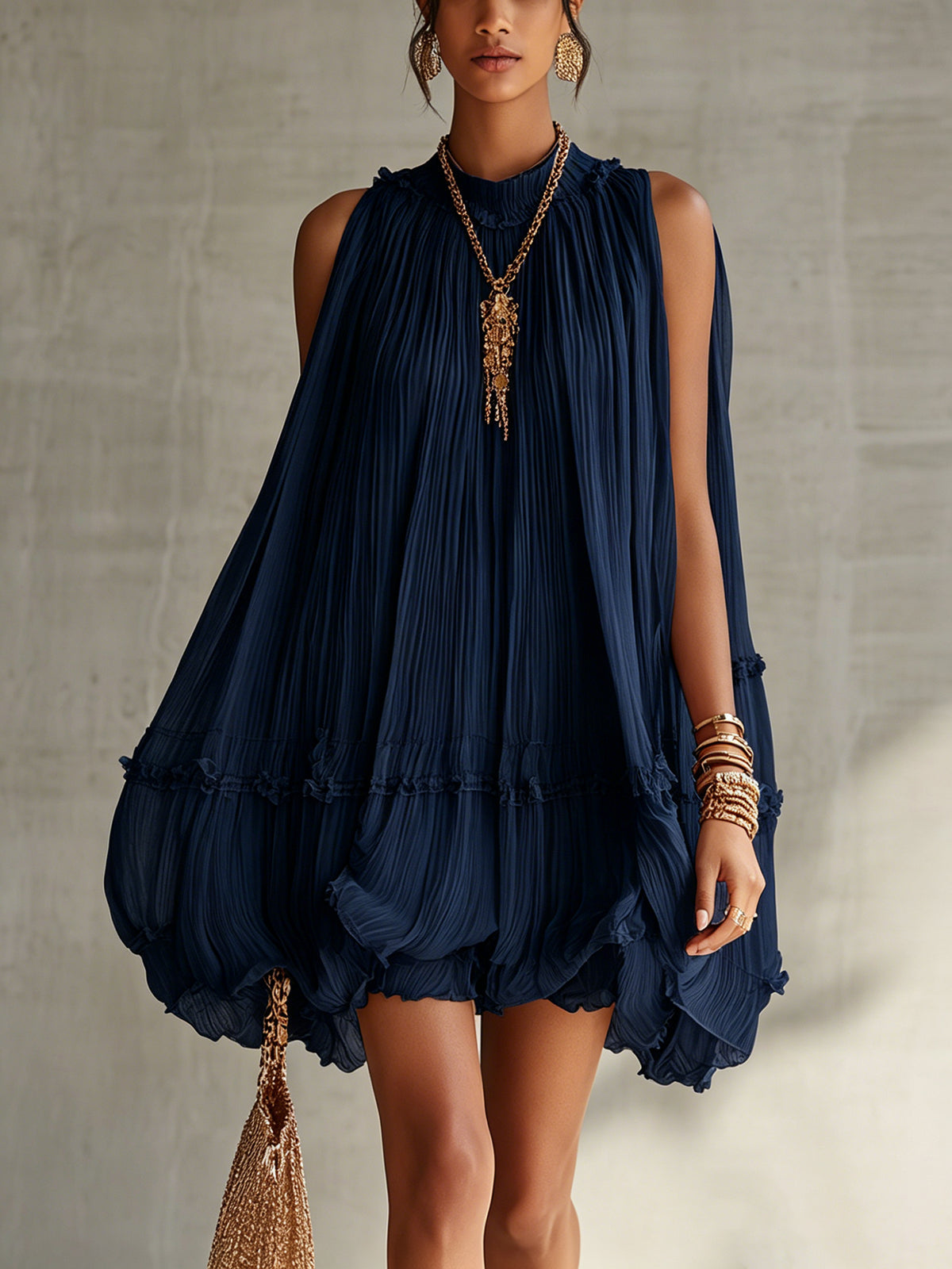 Navy Blue Chiffon Ruffled Mini Dress with Halter Neck